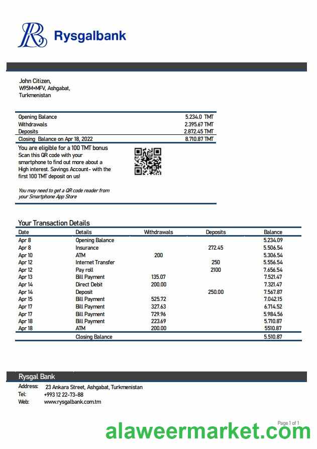 Turkmenistan Rysgal bank statement